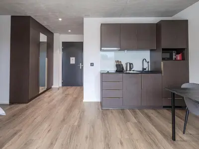 a kitchen with wooden cabinets and a wooden floor at MOOI Apartments St.Gallen in St. Gallen