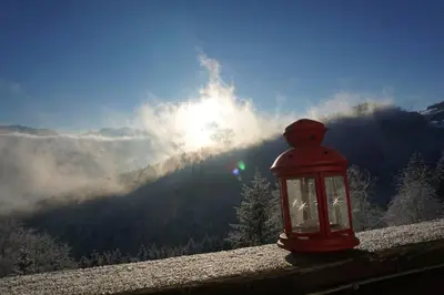a red lantern sitting on a ledge with a view at HERZLI-CHALET über dem Rheintal mit Schlossblick in Werdenberg