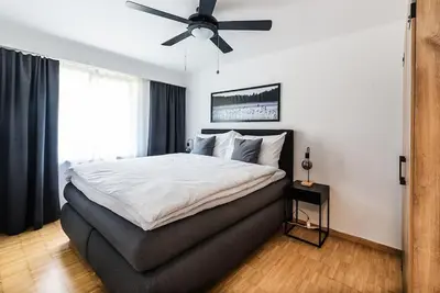 a bedroom with a large bed with a ceiling fan at SOHO 12 !Gratis Parken, Free Parking! in Kreuzlingen
