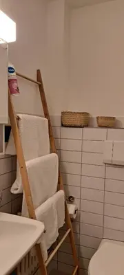 a towel rack in a bathroom with towels at Sonniges 1-Zimmerappartement mit Blick über Kreuzlingen in Kreuzlingen