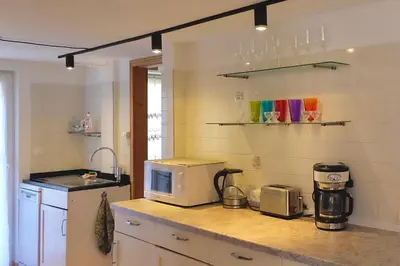a kitchen with a counter top with a microwave at Ferienwohnung im Grünen in Altstätten
