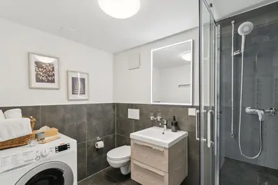 a bathroom with a shower and a toilet and a sink at Klara 1031 - Olma, Spital, Uni St- Gallen in St. Gallen
