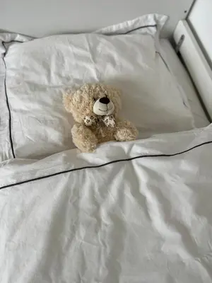 a teddy bear sitting on top of a bed at Black&White Apartment in Uzwil