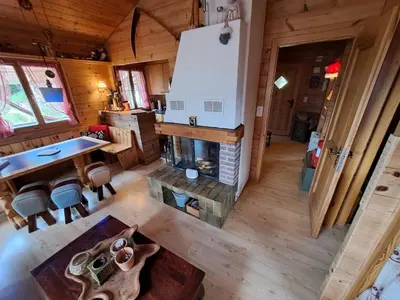 an overhead view of a kitchen and living room of a tiny house at IB Säntis Chalet Chnorz Entire House in Nesslau