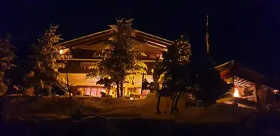 a house with trees in the snow at night at IB Säntis Chalet Chnorz Entire House in Nesslau
