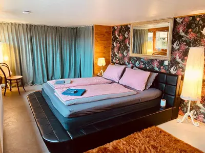 a bedroom with a bed with a black leather frame at Birkenhof, Haus Märli in Herisau