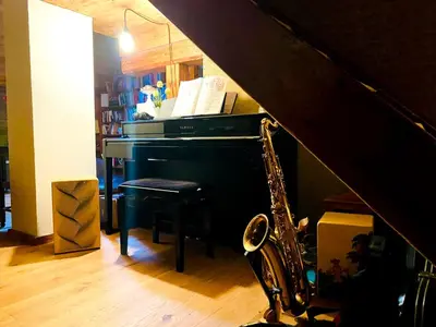 a saxophone sitting next to a piano in a room at Birkenhof, Haus Märli in Herisau