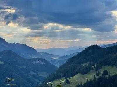 a view of a valley with mountains and forests at Stockberghüsli in Nesslau
