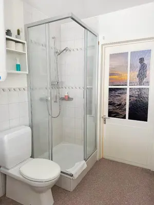 a bathroom with a shower and a toilet at tas24ch Travel and Sleep 24 in St. Gallen