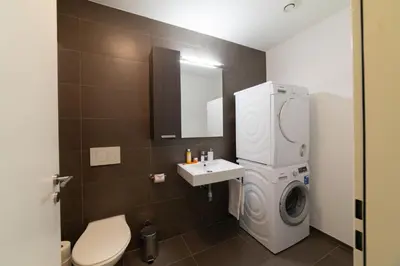 a bathroom with a washing machine and a washer at Rietgarten in Wildhaus