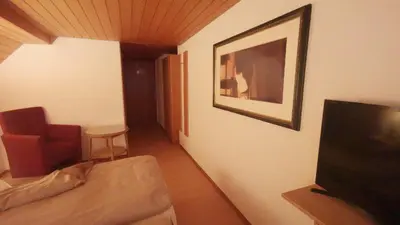 a room with a bed and a tv and a chair at il fiore Hotel Steinach SG in Steinach