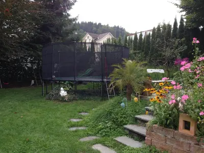 a garden with a batting cage and some flowers at Villa Donkey Ferienwohnung in Degersheim