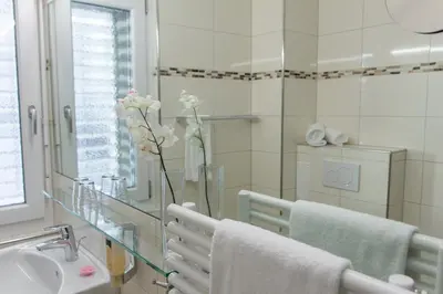 a bathroom with a sink and a vase with flowers in it at Hotel SiX in Kreuzlingen