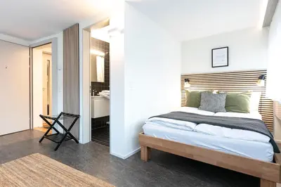 a bedroom with a large bed and a bathroom at INN JOY Apartments - Sankt Gallen Center in St. Gallen