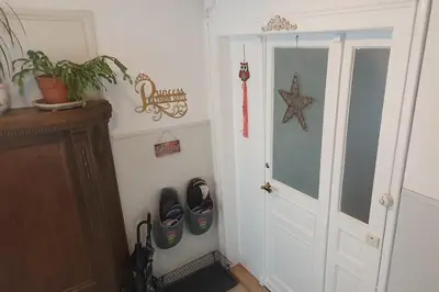 a hallway with a white door and a pair of shoes at 2-4 Zimmer Apartments Stilvoll im Gertrud Schlössli - zentral ruhig in St. Gallen