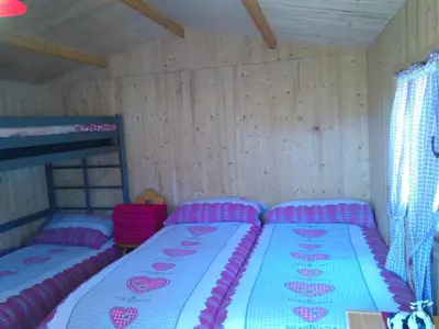 two twin beds in a room with wooden walls at Pilger-Hüttli - Blockhaus in Schönengrund
