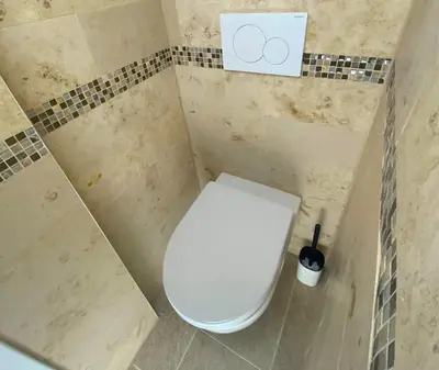 a bathroom with a white toilet in a corner at Ruhige, neue Dachwohnung an Altstadt, nähe Messe in St. Gallen