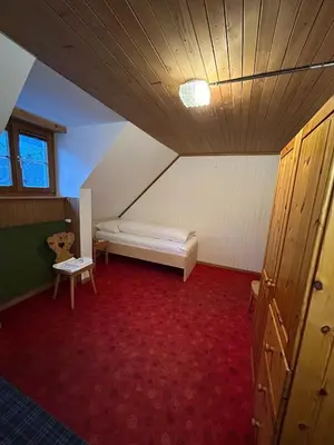 an attic room with a bed and a red carpet at Gasthof Ochsen in Nesslau