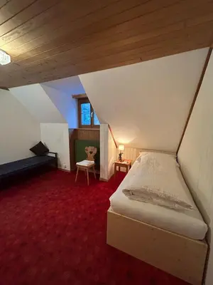 a bedroom with a bed and a red carpet at Gasthof Ochsen in Nesslau