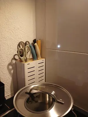 a kitchen with a stainless steel sink and scissors at Ferienwohnung in Bühler nähe Appenzell in Bühler