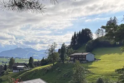 a house on top of a green hill with mountains at Ferienwohnung mit Aussicht in Gais