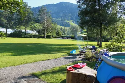 a backyard with a pool and a picnic table at Hotel-Restaurant Sternen in Nesslau