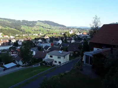 an aerial view of a small town with a street at Zwinglis Ferienwohnung Rosi in Nesslau