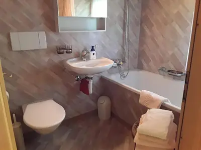 a bathroom with a sink and a toilet and a bath tub at Zwinglis Ferienwohnung Rosi in Nesslau