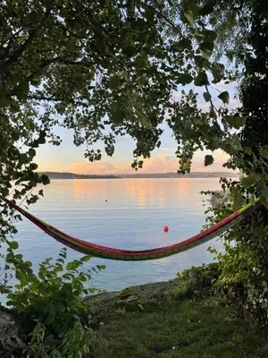 a hammock hanging over a body of water at Ferienhäuschen mit privatem Seezugang in Bottighofen