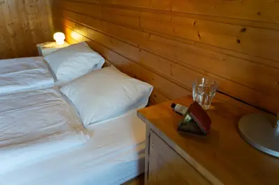 a bedroom with a bed and a wooden wall at Chammern in Nesslau