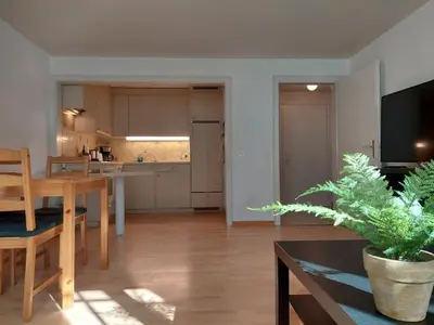 a kitchen and dining room with a dining table and a dining room at Global Citizen 5 in St. Gallen