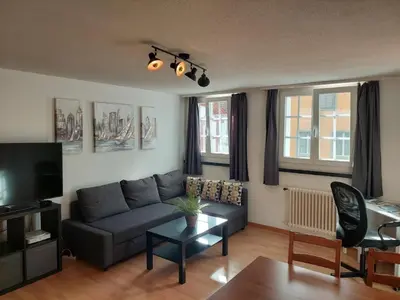 a living room with a couch and a tv at Global Citizen 5 in St. Gallen