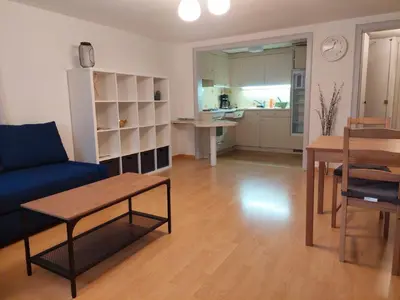 a living room with a couch and a table and a kitchen at Global Citizen 7 in St. Gallen