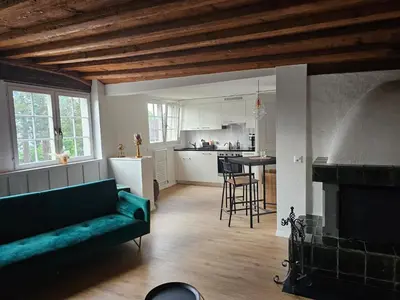 a living room with a green couch and a kitchen at Historische Stadtmauer mit Seeblick in Arbon