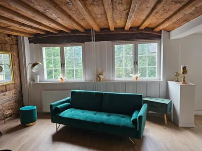 a living room with a green couch and windows at Historische Stadtmauer mit Seeblick in Arbon