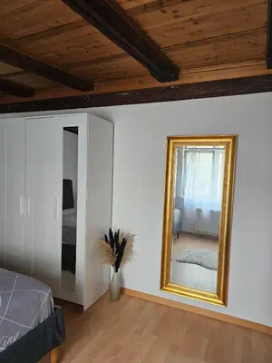 a bedroom with a mirror on the wall at Historische Stadtmauer mit Seeblick in Arbon
