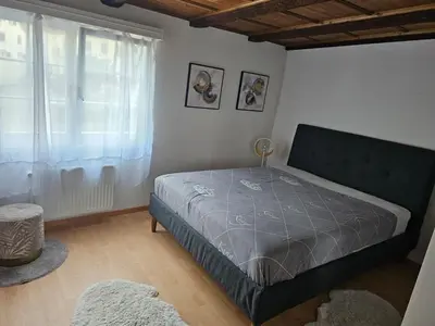 a bedroom with a large bed and a window at Historische Stadtmauer mit Seeblick in Arbon