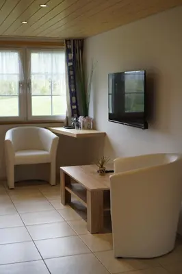 a living room with a couch and a tv on the wall at Hotel Kaubad in Appenzell