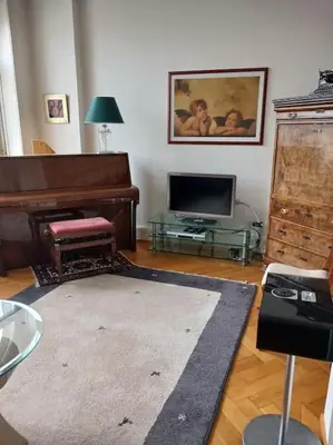 a living room with a piano and a television at Charmante Jugendstilwohnung mit Tiefengaragenplatz in St. Gallen