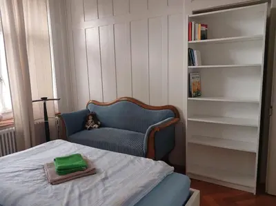 a bedroom with a bed and a chair and a book shelf at Charmante Jugendstilwohnung mit Tiefengaragenplatz in St. Gallen