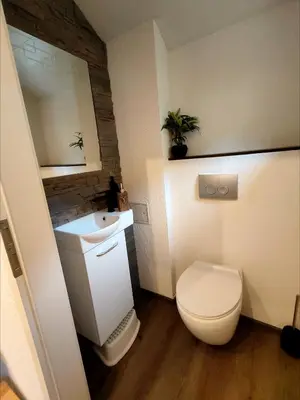a small bathroom with a toilet and a sink at Chalet Wahida- Wellness Oase im Neckertal! in Sankt Peterzell