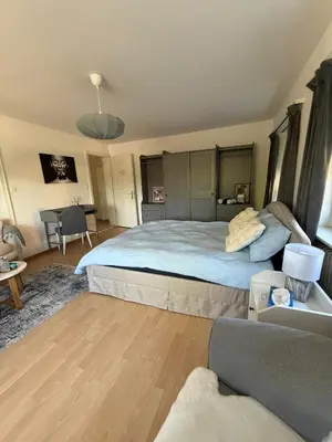 a bedroom with a large bed and a desk at MTL Schweiz Apartments in Kreuzlingen