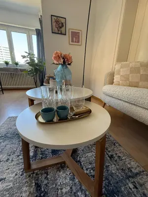 a coffee table with glasses on it in a living room at MTL Schweiz Apartments in Kreuzlingen