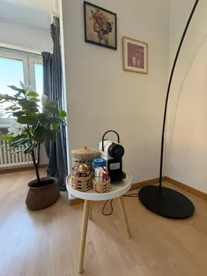 a table with baskets and a lamp in a room at MTL Schweiz Apartments in Kreuzlingen