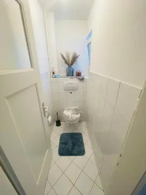 a small bathroom with a toilet with a blue rug at MTL Schweiz Apartments in Kreuzlingen