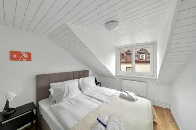 a attic bedroom with a bed and a window at book2stay moderne Wohnung OLMA-Areal in St. Gallen