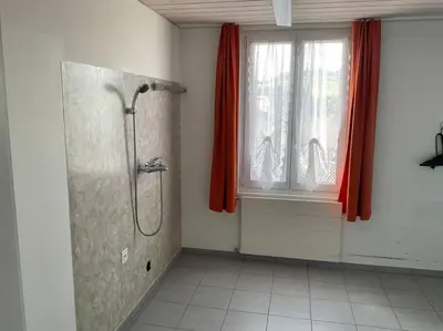 a bathroom with a shower stall and a window at 02 - Gästehaus Erika - Hundwil - Appenzellerland in Hundwil