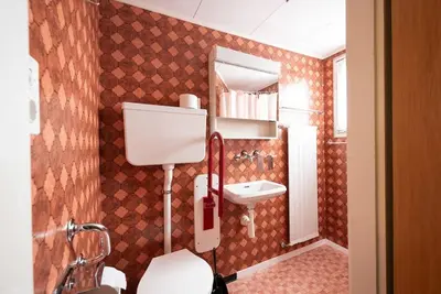 a small bathroom with a toilet and a sink at 03 - Gästehaus Erika - Hundwil - Appenzellerland in Hundwil