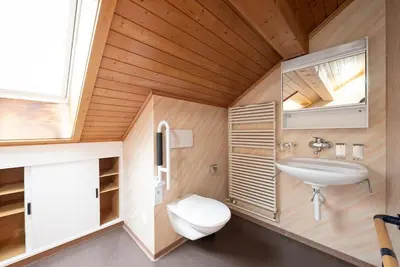 a small bathroom with a sink and a toilet at 17 - Gästehaus Erika - Hundwil - Appenzellerland in Hundwil