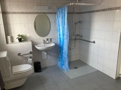 a bathroom with a toilet and a sink and a shower at 20 - Gästehaus Erika - Hundwil - Appenzellerland in Hundwil